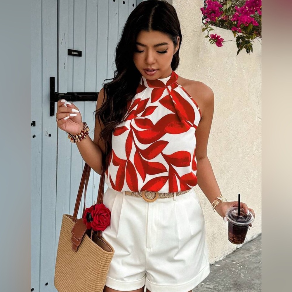 Bold Red Leaf Halter Blouse – Tropical Tie-Back Elegance